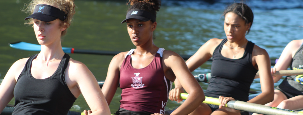 PCR Varsity Women Rowing (3 athletes featured at the finish)